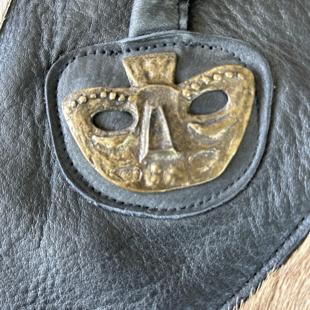 Vintage Artisan Leather Handbag Deerskin Trim Brass Inca Masks Tribal Boho Style